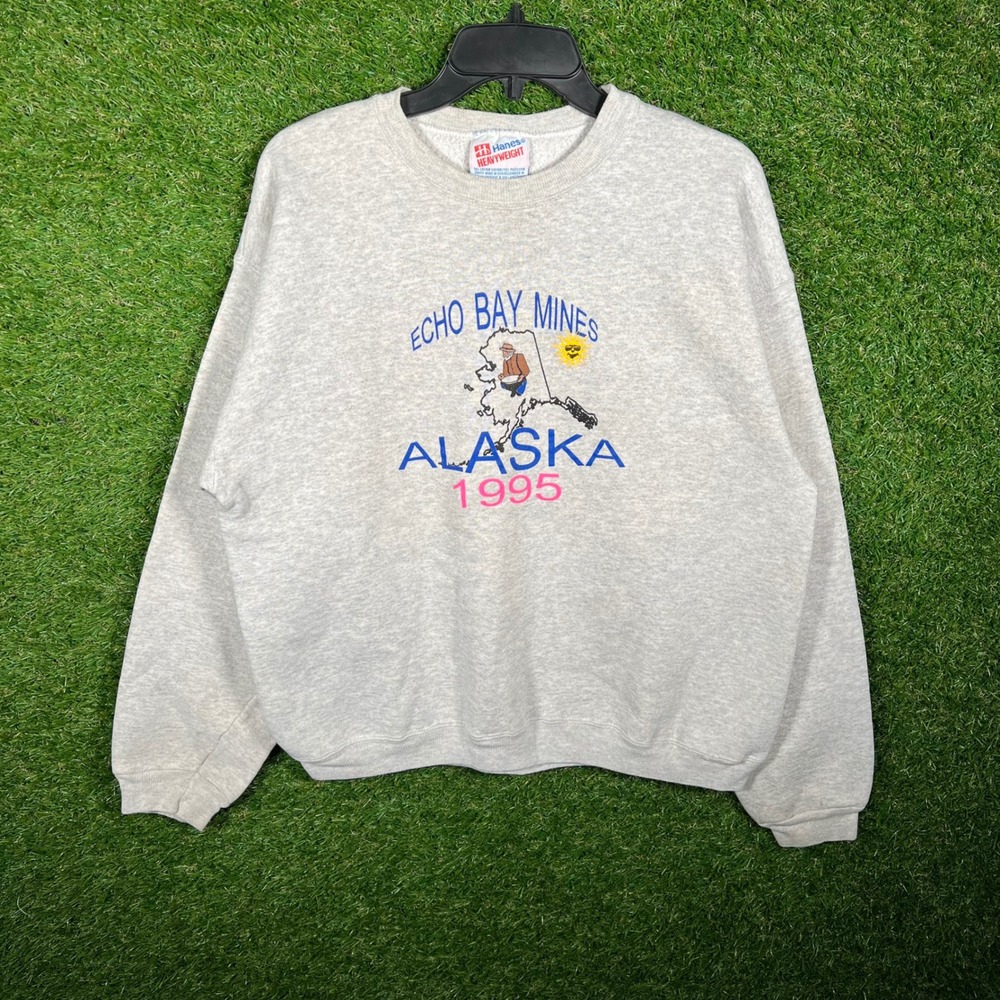 Vintage‎ 1995 Hanes Heavyweight Echo Bay Mines Alaska Sweatshirt Grey Large 90s